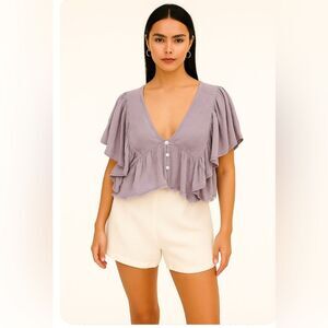 Free People Babydoll Crop Top M Lavender Cotton Boho Ruffled Henley Cottagecore